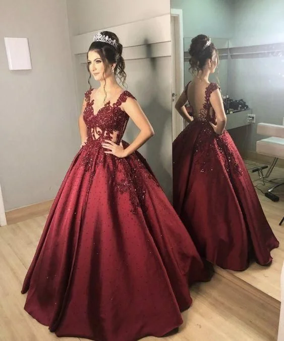 high-waisted dressBurgundy A-Line Backless Ball Gown Quinceanera Dress Prom Dress,DP0204