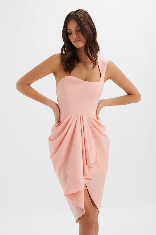 elegant shift dressLUCIANA Curved One Shoulder Midi Dress In Coral Satin