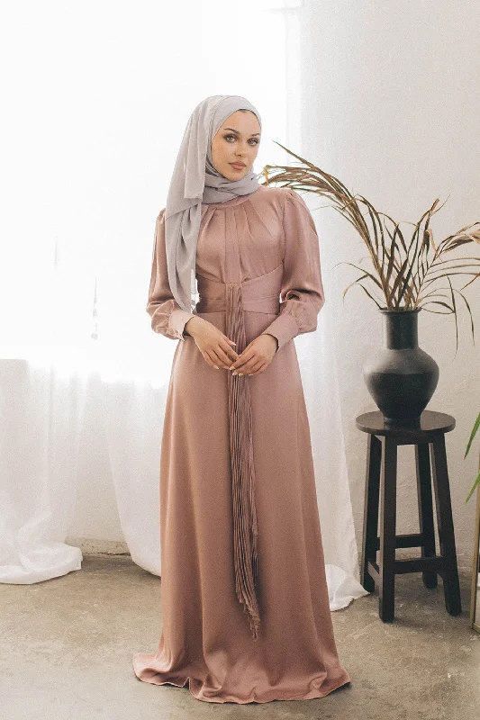 Act Now Blair Waisted Satin Dress- Rose Pink