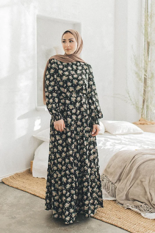 Markdowns Nova Smock Floral Dress- Black & Beige