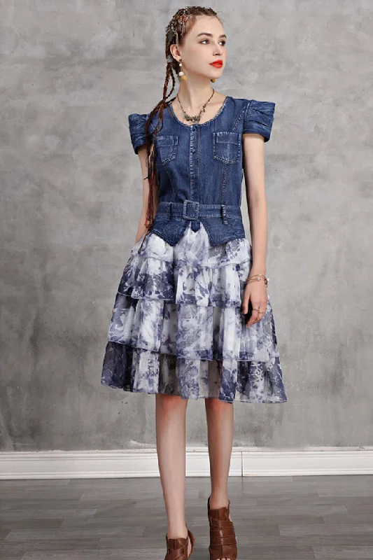 Savings Galore Cap Sleeve Denim Contrast Layered Dress
