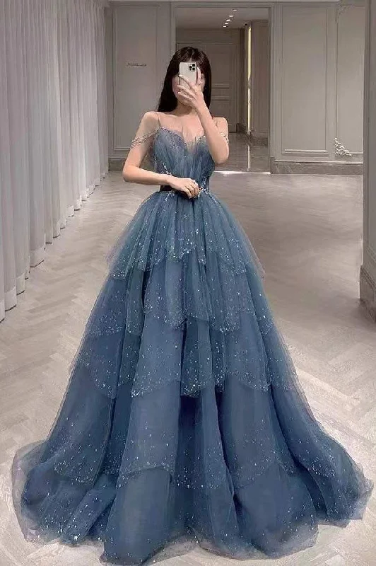 v-neck dressGorgeous Blue Sparkly Tulle Beaded Prom Dress Tiered Formal Gown with Rhinestone,DP092