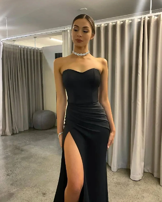 silk dressGlamorous Mermaid Sweetheart Black Satin Long Prom Dresses Sexy Evening Party Dresses with Side Slit,DS5149