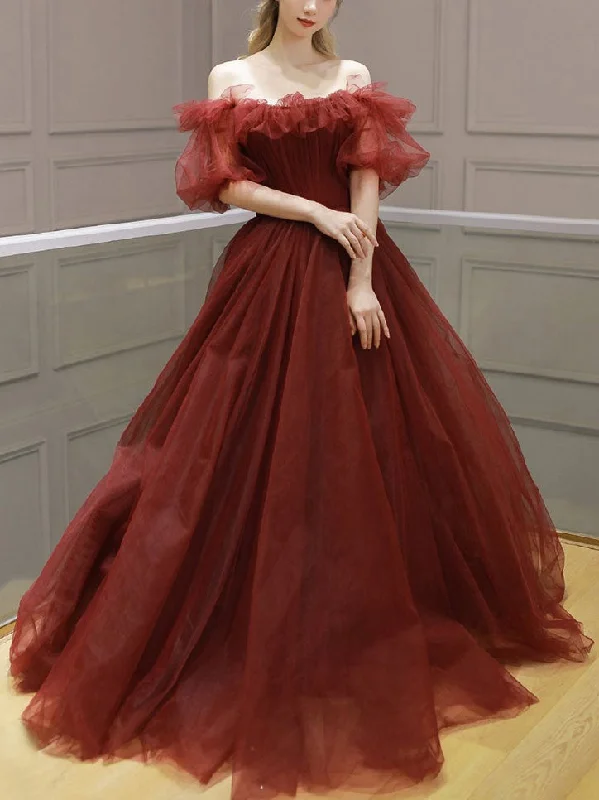 Buy Now Burgundy off shoulder tulle long prom dress, burgundy evening dress,DS4545 Buy Now Burgundy off shoulder tulle long prom dress, burgundy evening dress,DS4545