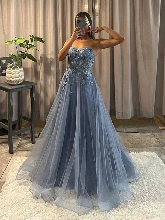 sophisticated dressElegant Sleeveless Sweetheart A-line Tulle Blue Prom Dresses Formal Dress,DP093