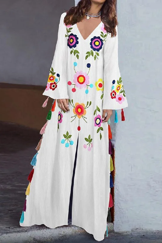 Limited Time V-neck Double Slit Tassels Accent Shift Dress