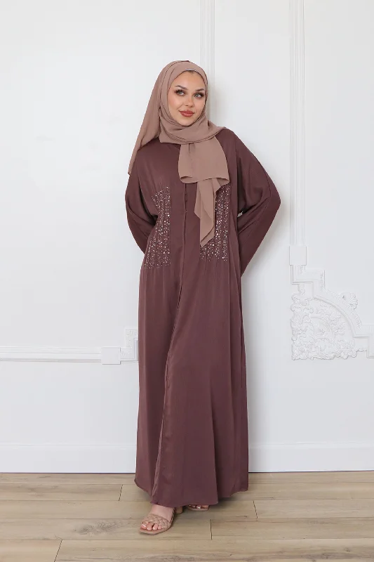 Mega Sale Aaira Textured Beaded Open Abaya- Mocha