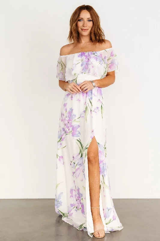 minimalistic dressDaphne Off Shoulder Maxi Dress | Ivory + Lavender Floral