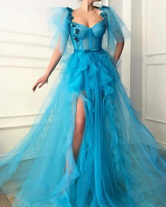Limited Availability Flowers Ruffles Tulle High Slit Dubai Saudi Arabic Long Evening Gowns Prom Dress,DS4344