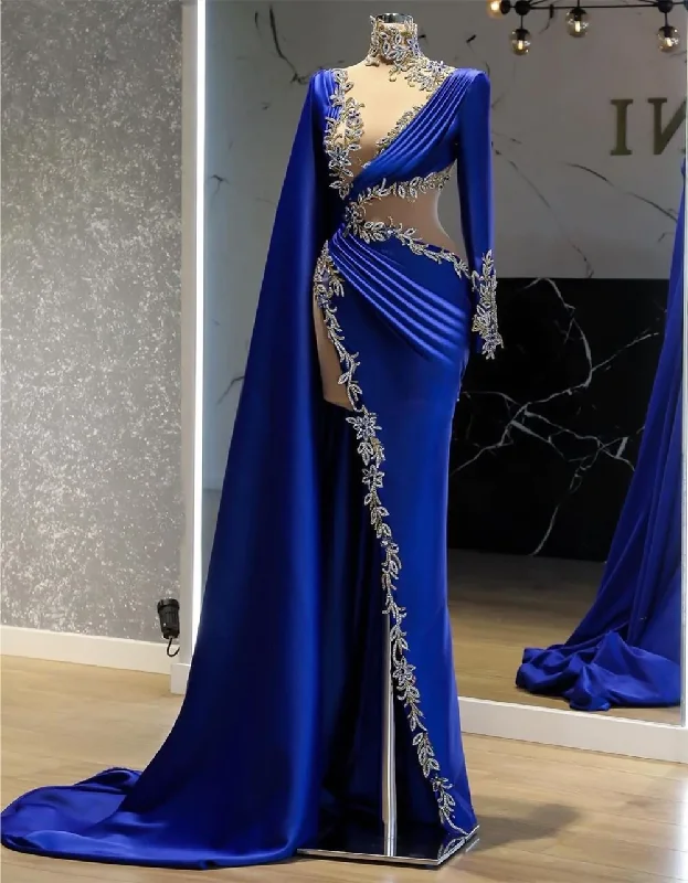 chic shift dressroyal blue prom dresses, high neck prom dresses, Women Evening Dress Long Sleeve Blue Lace Appliques High Slit Arabic Style Prom Dress,DS5014