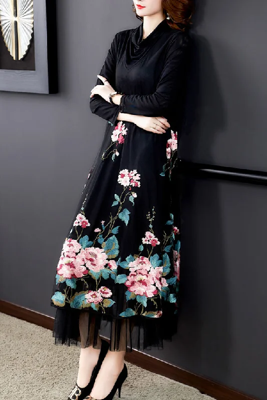 Quick Sale Long Sleeve Heap Up Neck Embroidered Shift Dress