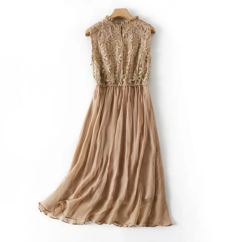 Deal of the Week Embroidered Long Silk Dress with Round Neckline