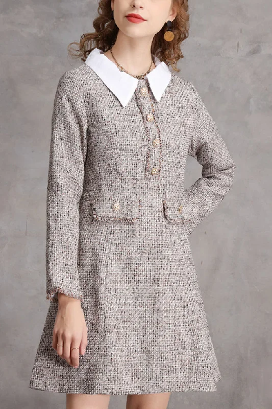 Steals and Deals Long Sleeve Button Front Tweed A-line Dress