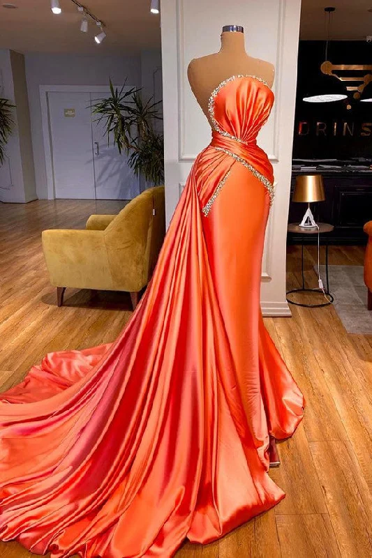 Deep Discounts Elegant Orange Crystal Mermaid Prom Dress With Detachable Train,F04802