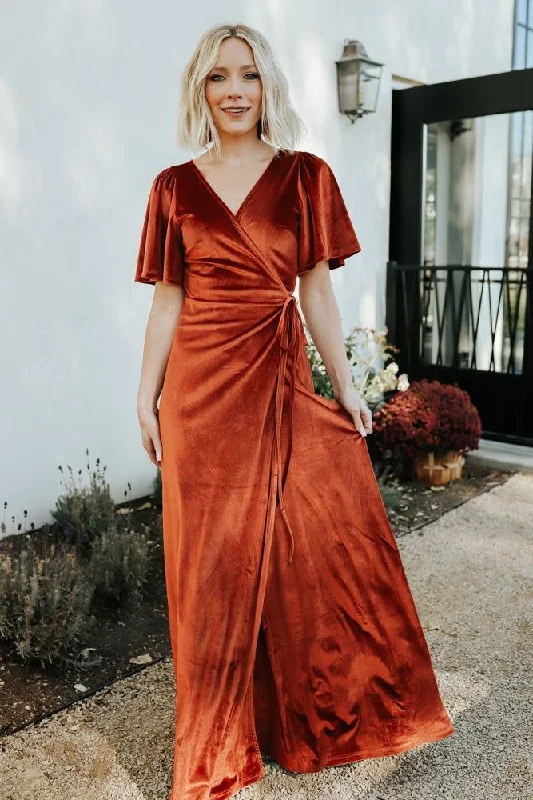 off-shoulder dressMeghan Velvet Wrap Maxi Dress | Rust