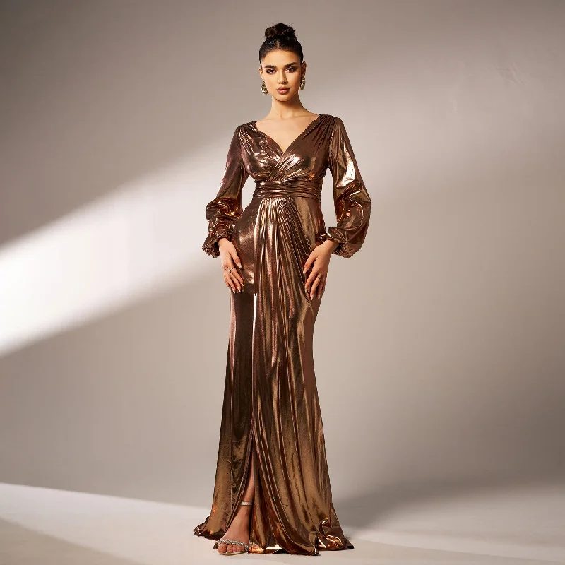 Super Sale Elegant V-neck long sleeve banquet evening dress