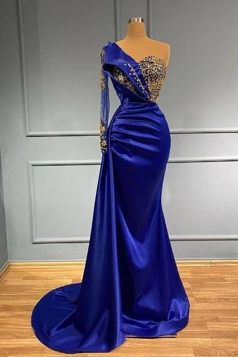 Get It Before It’s Gone Chic Royal Blue Long Sleeves Prom Dress Mermaid One Shoulder With Crystals,DS4673