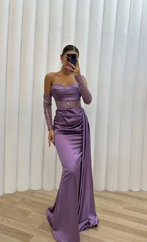 puff sleeve dressLong Purple Satin Strapless Prom Dress Evening Dress,DP0182