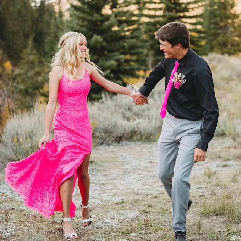 Doorbuster Deal Neon Pink Sequins Mermaid Long Prom Dress,DS3099