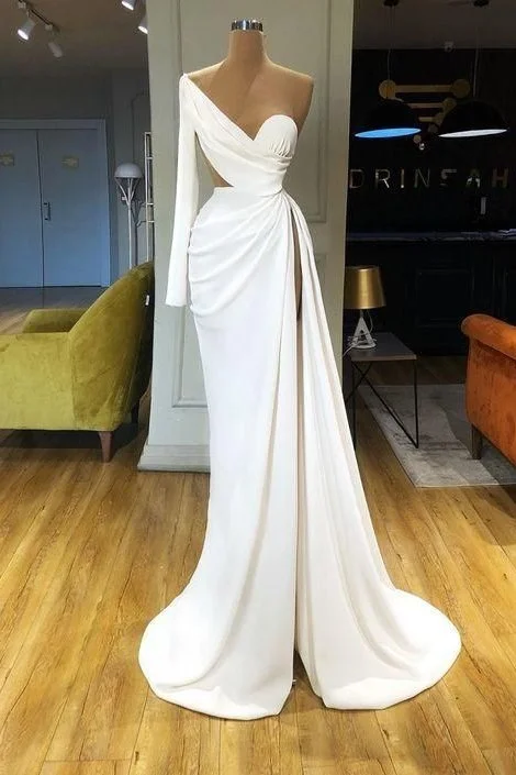 New Markdowns Beautiful Long Sleeves One Shoulder Prom Dress Mermaid Long With Split,F04775