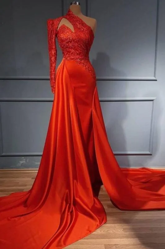 Deal Mania Red One Shoulder Long Sleeves Mermaid Prom Dress Split Lace Evening Gowns,DS2752