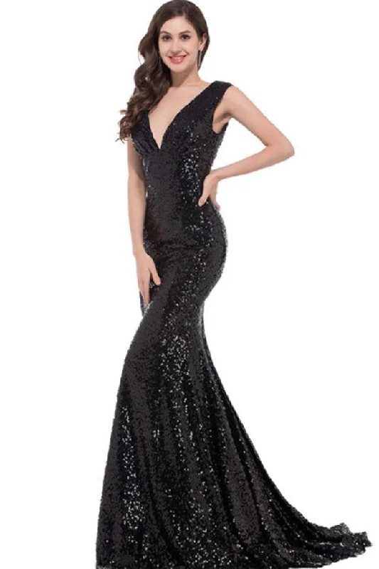 Price Break SLEEVELESS DEEP V-NECK SEQUIN FISHTAIL FORMAL DRESS