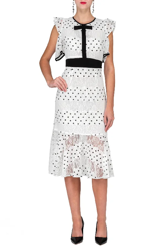 Factory Direct Sale TWO PEARS-Shoulder Cut Sleeve Ruffle Hem Dot Print Sheath Dress