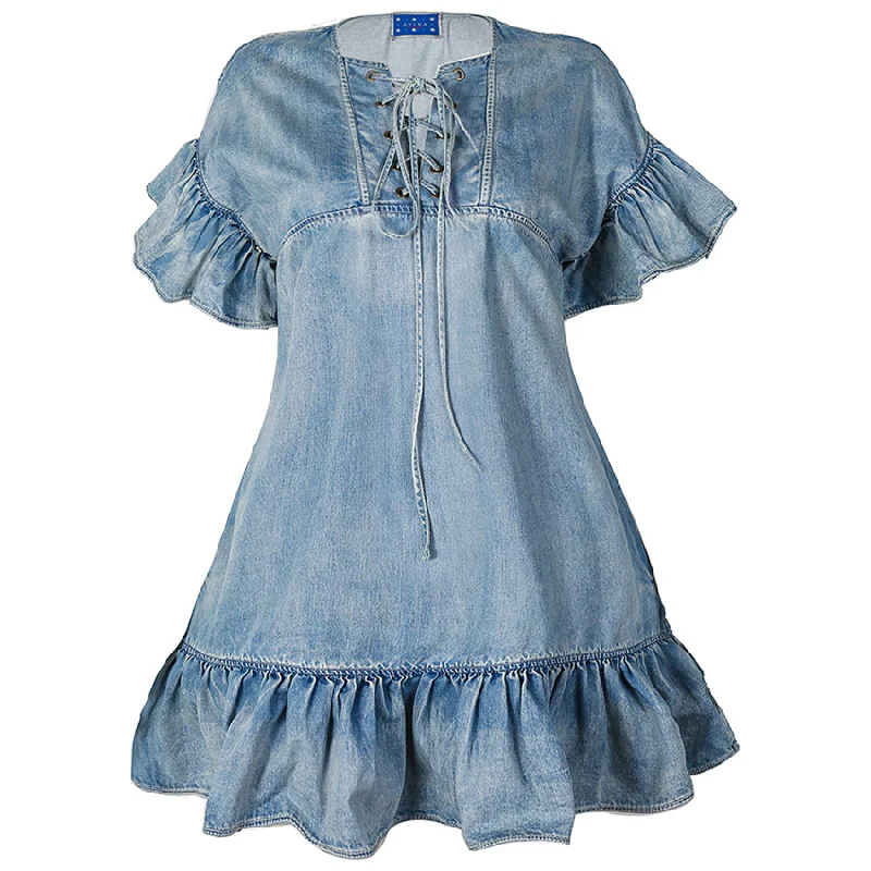 Sneak Peek Sale Aviva on Earth -Bandage Neck Ruffle Hem Denim Short Dress