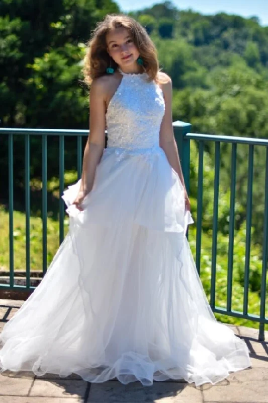 Steals and Deals Elegant A-Line Halter Appliques Light Blue Prom Dress,DS4262