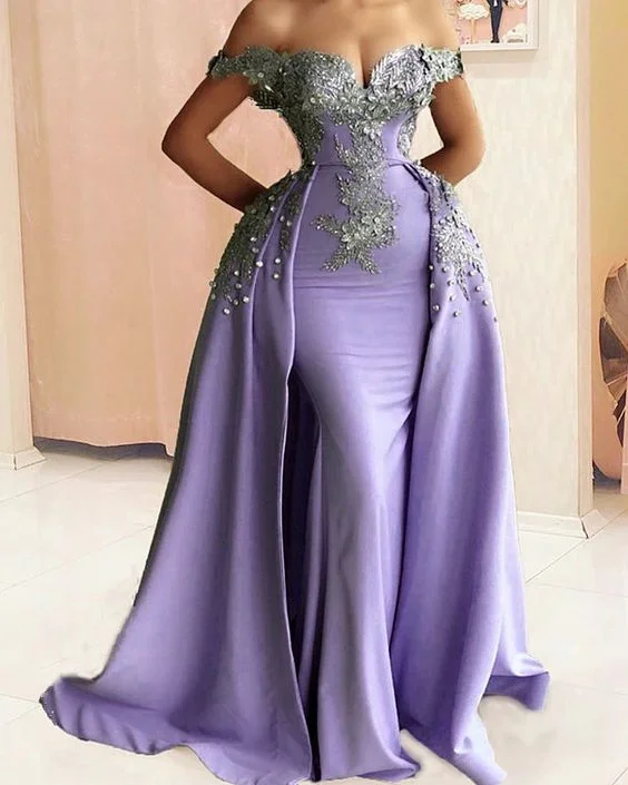 Bonus Savings Mermaid Evening Dress Off Shoulder Silver Lace Embroidery Prom Dresses,DS4217