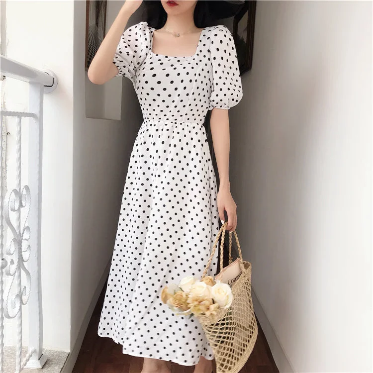 Deal Explosion TWO PEARS-Puff Sleeve Backless Dot Print Dress