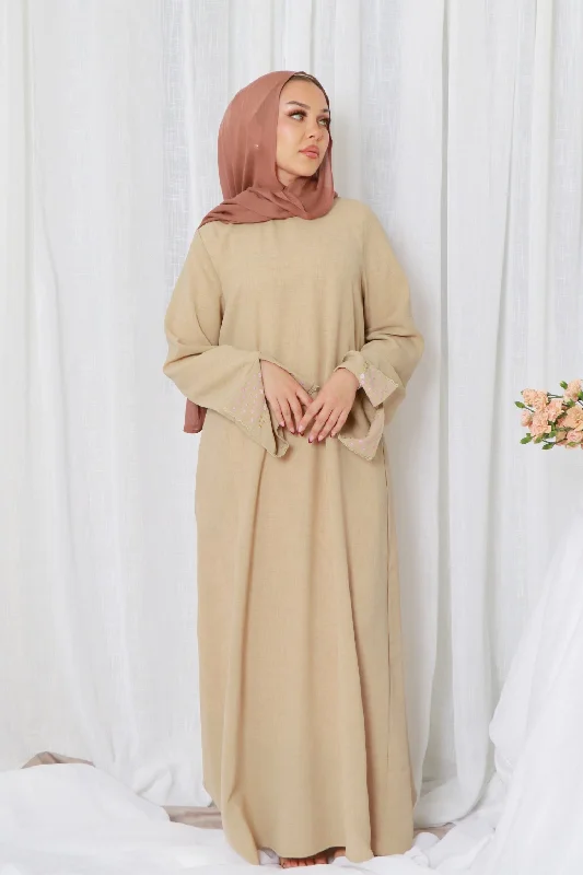 fitted dressSoraya Embroidery linen Abaya- Beige