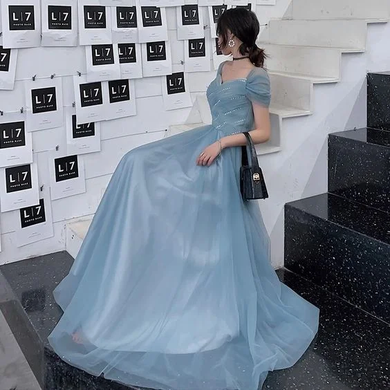 Today Only Blue tulle long prom dress, evening dress,DS4139