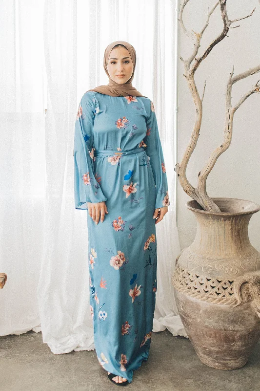 Price Reduction Kendall Satin Floral Dress- Blue Gray