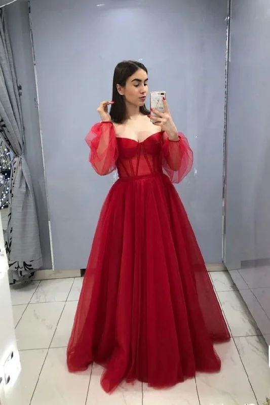 Incredible Offers Burgundy Tulle Long Sleeves Prom Dress A Line Formal Dress,DS4322