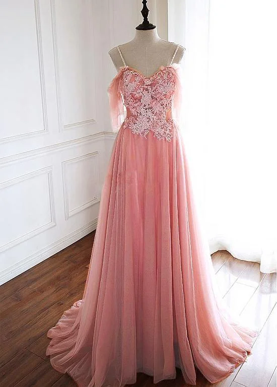 minimalistic dressTULLE SPAGHETTI STRAPS 3D FLOWERS BEADING CORAL A-LINE PROM DRESS,DS2984