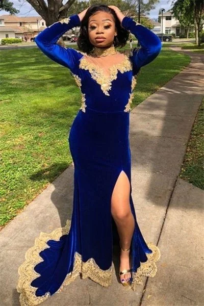 New Markdowns Modern Royal Blue Long Sleeves Prom Dress Mermaid Slit With Gold Appliques,DS4653 New Markdowns Modern Royal Blue Long Sleeves Prom Dress Mermaid Slit With Gold Appliques,DS4653