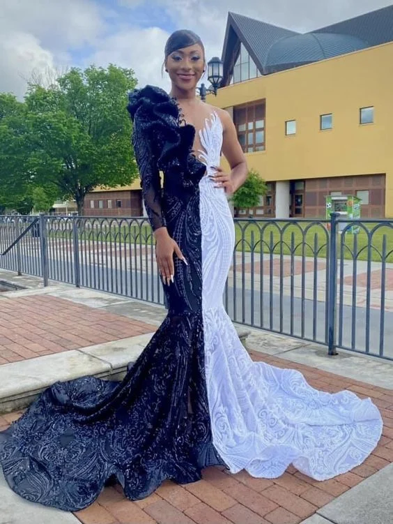 Midnight Madness Unique Bicolor V-neck One Shoulder Long Sleeve Column Mermaid Prom Dresses,F04788