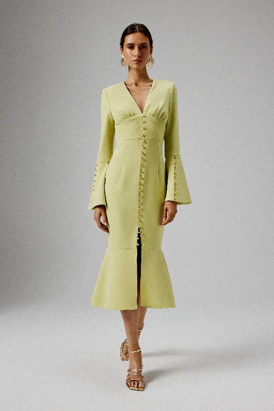 trendy bodycon dressSALMA Fluted Sleeve Micro Shell Button Midi Dress in Lime Green