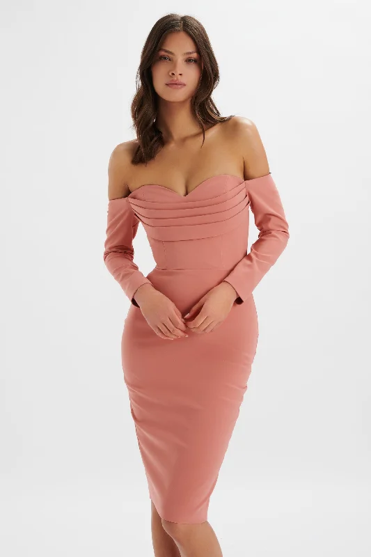 chic shift dressLILA Bardot Draped Bust Bodycon Midi Dress In Rose Pink