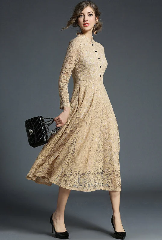 Incredible Offers Elegant Long Sleeve Vintage Lace Flared Dress