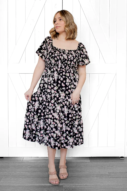 Unmissable Offer Adella Smocked Floral Midi Dress in Black (FINAL SALE)