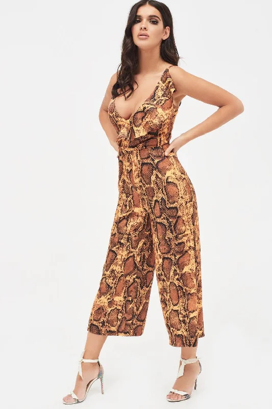 long-sleeve floral dressNORA Satin Frill Wrap Culotte Jumpsuit in Golden Yellow Snake Print