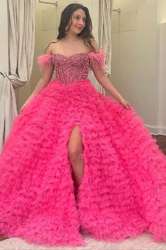 statement dressHot Pink Beaded Feather Off-the-Shoulder Tiered Long Prom Dress with Slit,DP0144