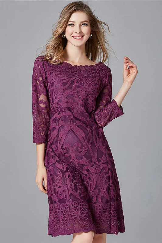 Amazing Deals Three Quarter Sleeve Lace Midi Dress