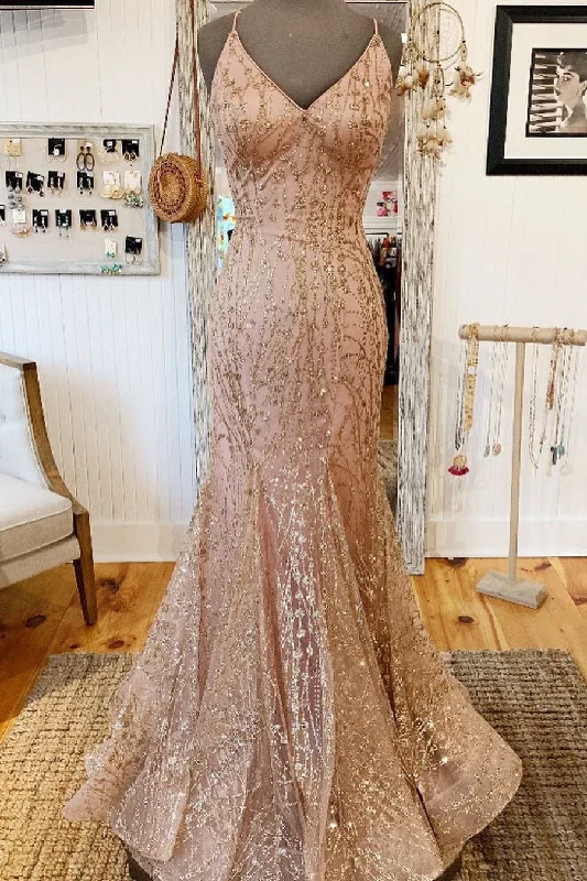 Super Deal Mermaid V-Neck Rose Gold Long Prom Dress with Criss Cross Back,DS4430