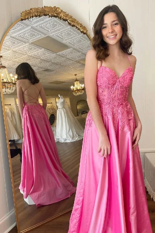 chic wrap dressHot Pink Floral Appliques Lace-Up A-Line Prom Gown,DP045