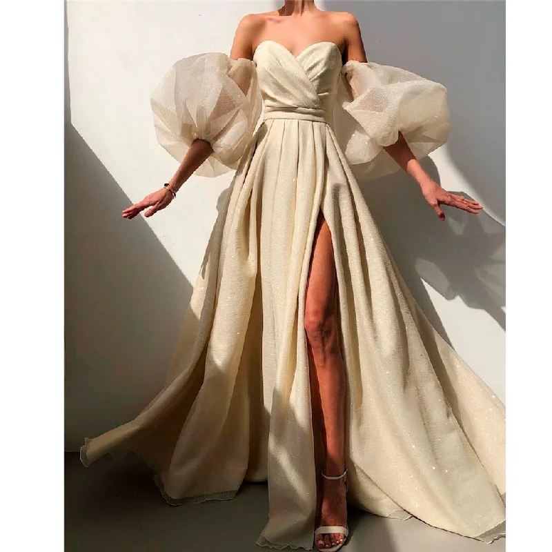 Extra Savings Shimmer Light Champagne A Line Long Evening Dress Removable Puff Sleeves Sweetheart,DS4159