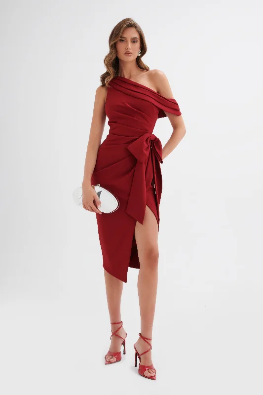 sophisticated dressHONEY Asymmetric Pleated Bow Midi Dress in Burgundy