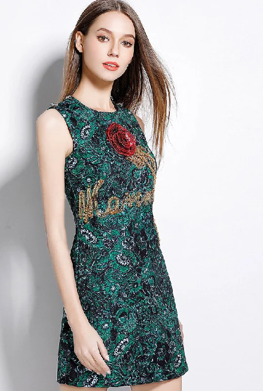 Savings Galore Elegant Round neck Green embroidered A-Line dress